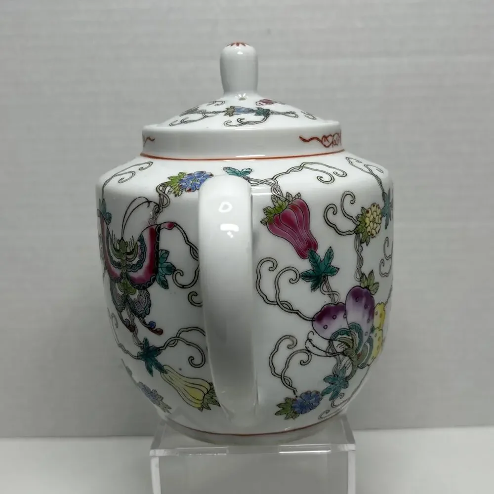 Vtg Chinese Jingdezhen Porcelain Floral Teapot Hand Painted Flowers Butterflies